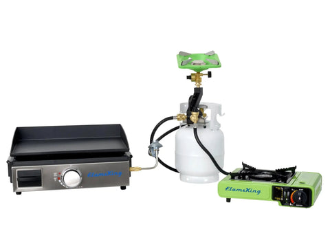 Three Port Propane Distribution Tree For Camping Connects Three One Pound Appliances To A Standard BBQ Tank Grillin Ready Safe Easy Setup Black And Gold, with two appliances attached and a propane tank