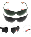 Premium Welding Safety Goggles With Impact Resistant Anti Splash Dark Green Tinted Lenses designed for heavy duty use displayed at angled view.