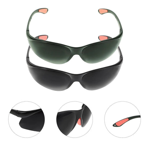 Premium Welding Safety Goggles With Impact Resistant Anti Splash Dark Green Tinted Lenses designed for heavy duty use displayed at angled view.
