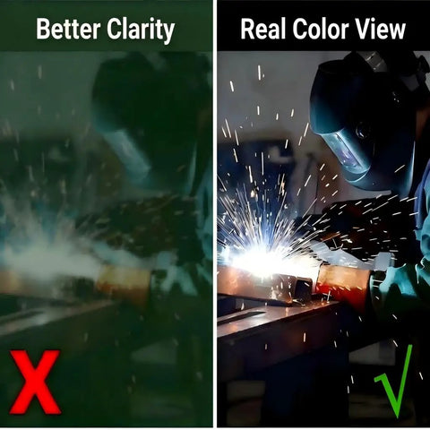 Comparison of welding clarity in Auto Darkening Welding Helmet With True Color Wide View Screen Solar Battery Powered