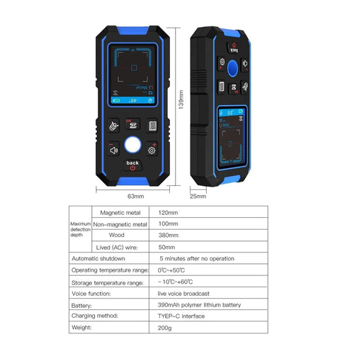 Heavy Duty Handheld No Sweat Stud Finder And Wall Scanner With Bright Digital Display showing depth tracking features and measurements.