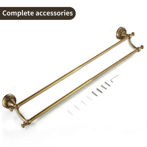 Antique Brass Adjustable Double Towel Bar Wall Mount Rack For Bathroom with complete accessories shown