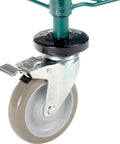 Close-up of smooth five inch polyurethane brake caster on Slick Rolling Heavy Duty Two Shelf Utility Cart In Poly Green.