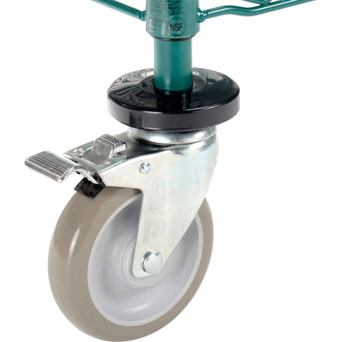 Close-up of smooth five inch polyurethane brake caster on Slick Rolling Heavy Duty Two Shelf Utility Cart In Poly Green.