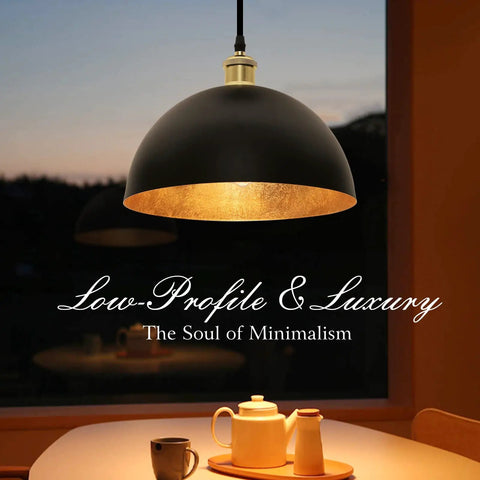 Boss Black And Gold Leaf Pendant Light With Handcrafted Metal Shade Vintage Ceiling Fixture over dining table at dusk.