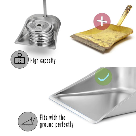 Straight Up Heavy Duty Brush And Dustpan Set For Home With 56 Inch Extended Handle showing high capacity stainless steel dustpan.