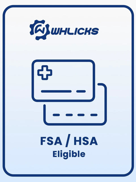 WHLICKS logo with FSA/HSA eligible information, featuring credit card icons and a healthcare plus sign.