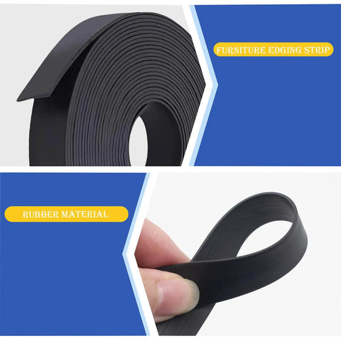 Heavy Duty Black Rubber Upholstery Tack Strip 11 Yard Roll 0.6 Inch Wide Furniture Edge Trim showing roll and detail of rubber material.