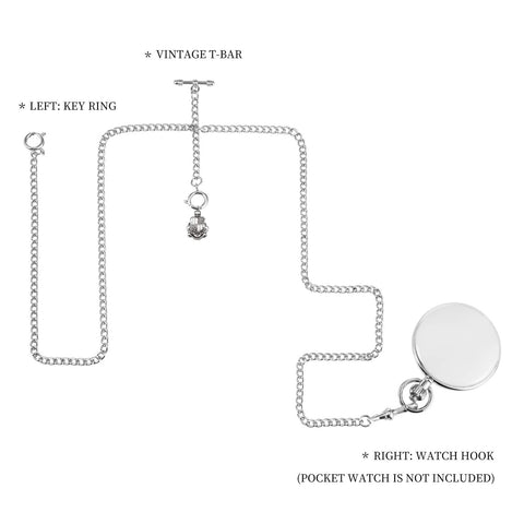 Dope Men's Double Albert Chain Pocket Watch T Bar Chain With Curb Link Three Hooks And Antique Shield Silver Pendant Fob Charm Vest Clip Accessory Total Length 28.5 Inches For Classic Dress Or Everyday Style