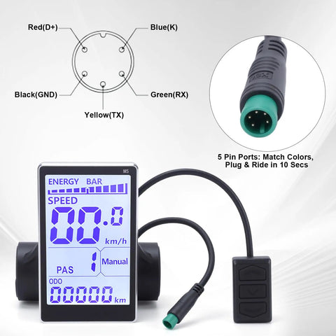 Universal LCD Bike Display Panel For 24V 36V 48V 60V E Bikes And Scooters, 5 Pin M5 Control Meter shown with wiring diagram