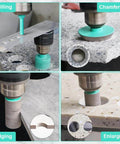 LEKOMESH tile hole saw kit with diamond core bits for porcelain/stone; sizes 6–100mm; collage shows drilling and chamfering