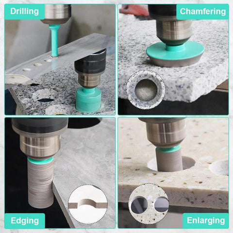 LEKOMESH tile hole saw kit with diamond core bits for porcelain/stone; sizes 6–100mm; collage shows drilling and chamfering