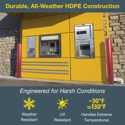 Heavy Duty Bollard Covers For Six Inch Poles With Kickass HDPE Build. Yellow HDPE construction around ATMs, weather resistant design.