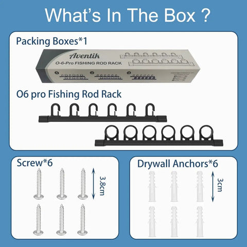 Image showing packaging contents for Garage Ceiling And Wall Mounted Fishing Rod Rack With Sliding Track Holds Up To Six Rods Expands To 12 Or More Poles For Vertical Or Horizontal Storage In A Handy Tackle Or Gear Setup For Your Shop, including fishing rod rack, screws, and drywall anchors.