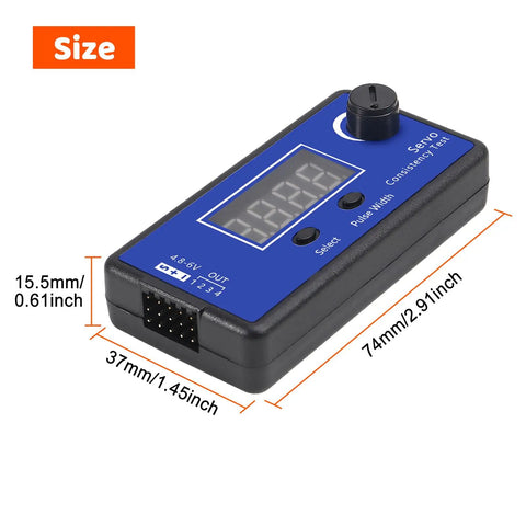 Comprehensive RC Servo Tester With Display For Hobbyists Digital And Analog ESC Tester showing size dimensions