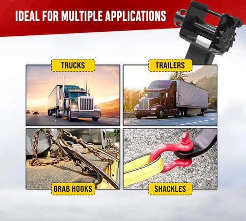 Image showcasing 2 Pack Trailer Stake Pocket Winches for Flatbed Utility with 16,200 lbs capacity in use with trucks and trailers.