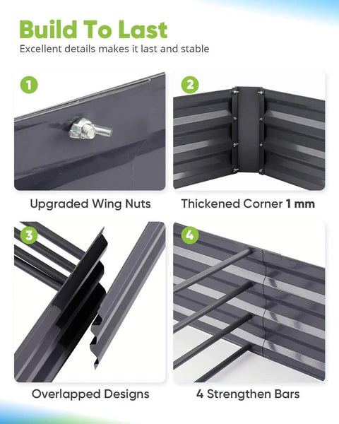 Close-up of galvanized raised garden bed with T nuts, wing nuts, thickened corner, overlapped design, and strengthen bars.