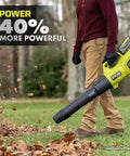 Bad Boy Cordless Leaf Blower Featuring A Smooth Brushless Motor That Runs Quiet While Cranking Out 160 MPH Winds For Tough Yard Work No Sweat Guaranteed Easy Setup Every Time Tool Only, in action clearing leaves.