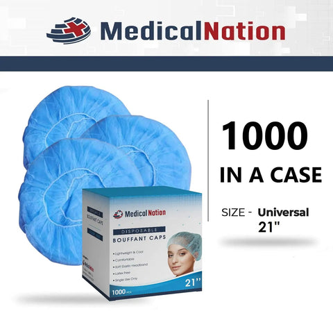 Box of Blue 21 Inch Disposable Bouffant Cap Hairnet Non Woven Non Pleated Case Of 1000, with blue caps shown.