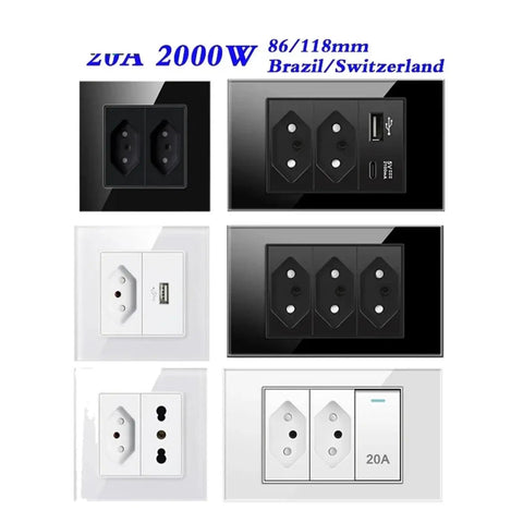 Smooth Touch Tempered Glass Wall Outlet Decked Out With Fast Charge USB Ports 20 Amp 2000 Watt Capacity Runs Flawless On 110 To 250 Volts multi-socket panel.