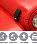 Close-up of Aluminum Hood Latch Locking Kit installed on Jeep Wrangler, showing die-cast stainless steel design on red vehicle hood.