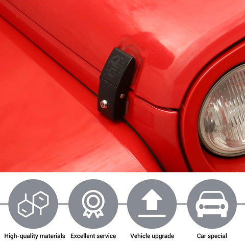 Close-up of Aluminum Hood Latch Locking Kit installed on Jeep Wrangler, showing die-cast stainless steel design on red vehicle hood.