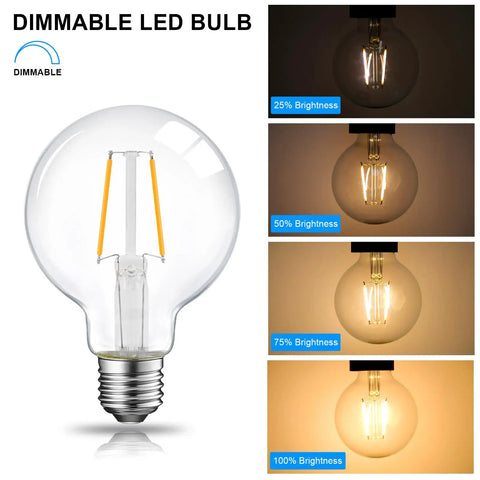 Dimmable G25 LED Globe Bulb 5W With Clear Vintage Filament, 60W Equivalent, brightness levels shown from 25% to 100%.