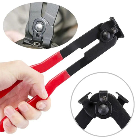 Close-up of CV Boot Clamp Pliers Kit Set 10 Pack Stainless Steel Universal Adjustable with red handle in use