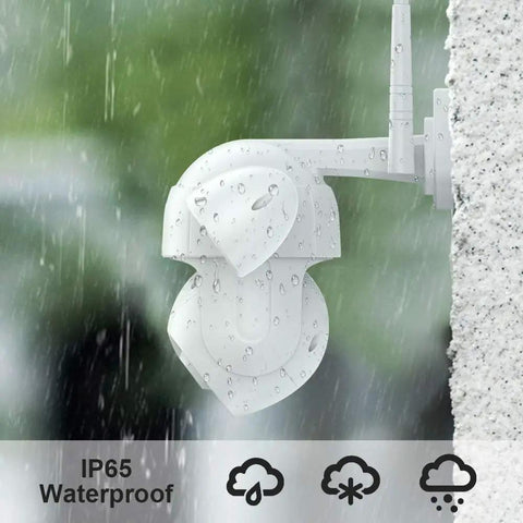 2K 3MP Outdoor WiFi Floodlight Security Camera With PTZ mounted on wall in heavy rain showcasing all weather build