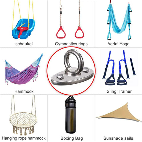 Heavy Duty Wall And Ceiling Mount Bracket For Suspension Gear With A 2800 LB Capacity Built Straight Up Solid To Secure Aerial Yoga Hammocks Resistance Bands And Battle Ropes At Home, silver metal bracket with eyelet.