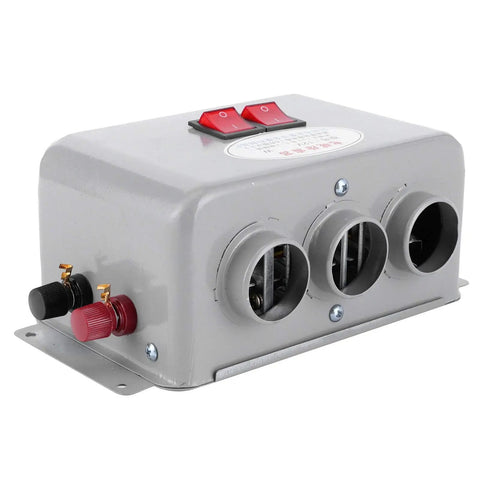 Kick The Winter Chill Fast With Compact 12V Car Heater 400W To 600W Dual Gear Switch triple air outlets with gray housing.