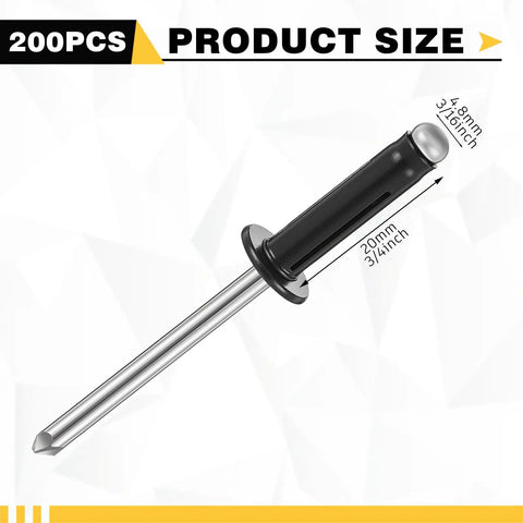 200 Pack 3/16 Inch Head Aluminum Tri Grip Exploding Pop Rivets Bulb Style Trifold Fasteners shown with dimensions