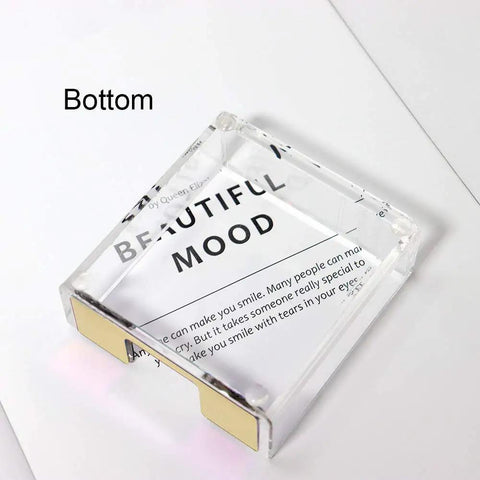 Bottom view of Gold Clear Acrylic Sticky Notes Holder Memo Pad Dispenser Desk Organizer with gold front and transparent body