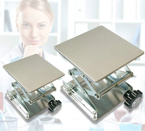 Heavy Duty 4 Inch By 4 Inch Stainless Steel Lab Jack Lift Stand Table Scissor Platform with black knob, suitable for scientific workbench.