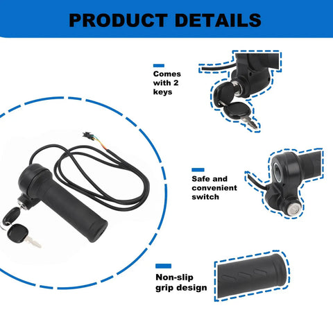 Full Twist Ebike Throttle Grip For Q20 Systems 3 Pin Waterproof Controller With 2 Keys, plug-in, black non-slip grip details