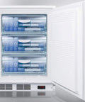 Built Tough Commercial Upright Freezer With Digital Thermostat And Integrated Lock For Tight Secure Storage Solid White Finish, open with containers inside.