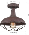 Straight Up Rustic Charm All Metal Barn Style Semi Flush Mount Ceiling Light featuring vintage wire cage, rust finish, 10.24in size.