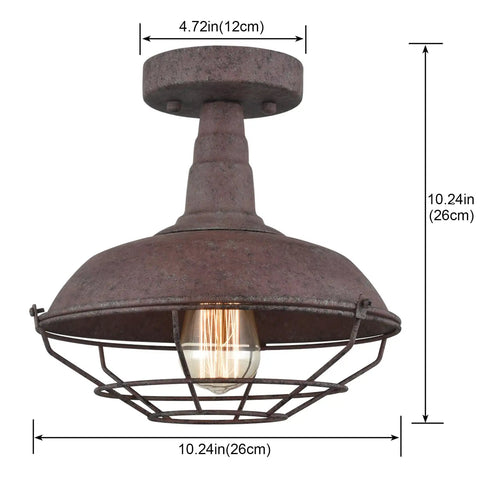Straight Up Rustic Charm All Metal Barn Style Semi Flush Mount Ceiling Light featuring vintage wire cage, rust finish, 10.24in size.