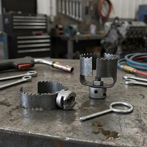 Heavy Duty Three Piece Drain Auger Set Featuring Tough As Nails Steel Cutter Heads For Knocking Out Grease And Hair Clogs In 4 Through 8 Inch Pipes Making Your Plumbing Run Sweet on a workbench.