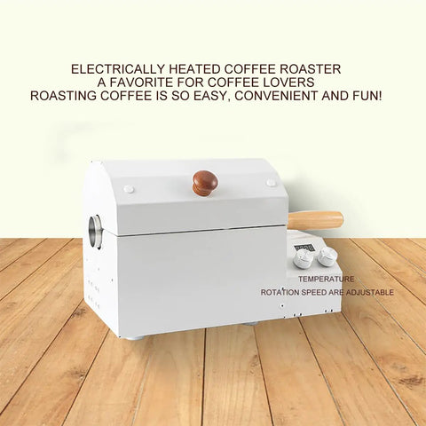 Rock Solid Home Coffee Roaster Featuring Quartz Heating Tube Adjustable Temperature Settings For Fresh Morning Beans Stainless Steel Electric Roasting Machine Smooth Operator Kitchen Must Have on a wooden surface.