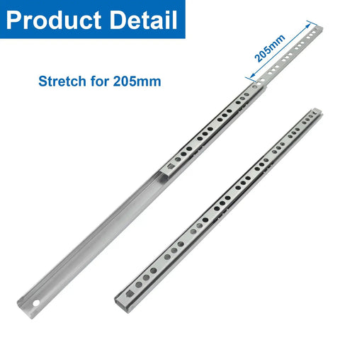 Product detail showing stretch of 12 Inch Narrow Drawer Slides Two Way Ball Bearing Slim Metal Drawer Rails 205mm