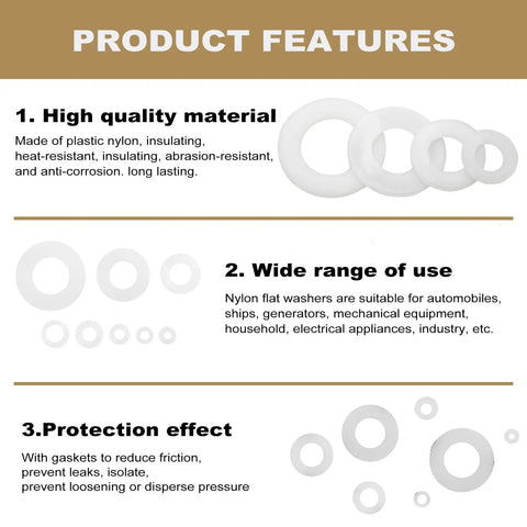 Product features of Nylon Flat Washer Set With Eight Sizes M2 M2.5 M3 M4 M5 M6 M8 M10.