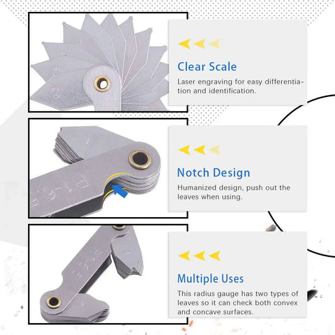 4 Pack Radius Gauge Set R0.3 To 1.5 mm R1 To 6.5 mm R7 To 14.5 mm R15 To 25 mm Stainless Steel Fillet Gauges with Clear Scale and Notch Design