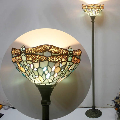 Sea Blue Tiffany Dragonfly Floor Lamp With 71 Inch Pole Torchiere And 12 Inch Shade Stained Glass Uplight For Your Bedroom And Living