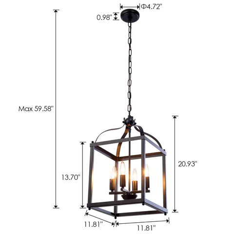 Industrial Pendant Light With Classic Black Metal Cage For Farmhouse And Modern Homes showing dimensions and chain