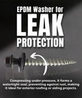 Self Tapping Roofing Fastener With EPDM Sealing Washer Size Ten Wood Screw One And A Half Inch Length Quarter Inch Hex Head Burnished Slate Finish Superior Corrosion Protection Painted Carbon Steel Screws Pack Of Two Hundred Fifty with leak protection.