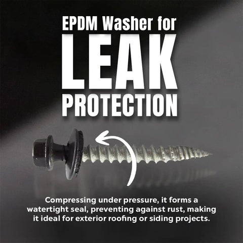 Self Tapping Roofing Fastener With EPDM Sealing Washer Size Ten Wood Screw One And A Half Inch Length Quarter Inch Hex Head Burnished Slate Finish Superior Corrosion Protection Painted Carbon Steel Screws Pack Of Two Hundred Fifty with leak protection.
