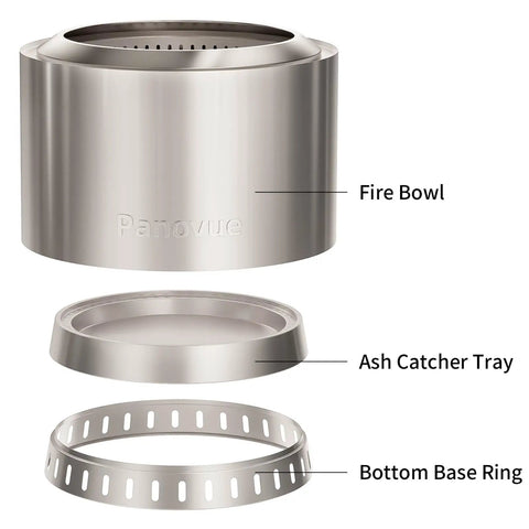 Parts breakdown of 22 Inch Smokeless Outdoor Fire Pit With Waterproof Cover Stainless Steel Wood Burning Bonfire Pit For Camping Patio Or Backyard Hangouts Low Smoke Design For Cleaner Smoke And Cozy Warmth, showing fire bowl, ash catcher tray, and bottom base ring.