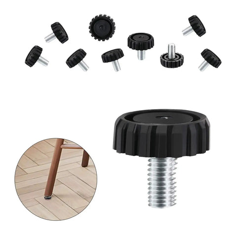 30 Pack M8 Screw On Furniture Glide Leveling Feet For Tables And Desks, Black Metal Adjustable Leg Levelers, shown installed