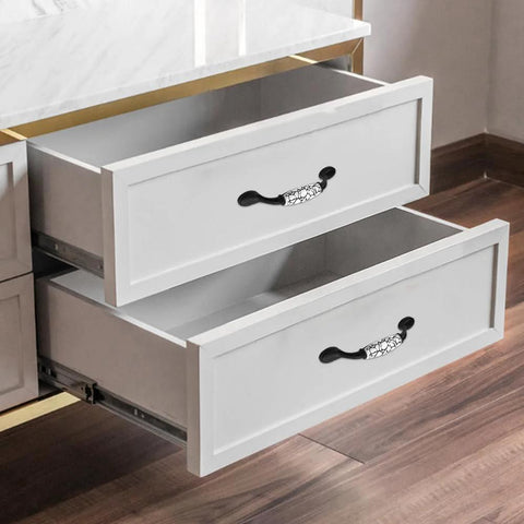 Open dresser drawers with 8 Pack Vintage Ceramic Marble Cabinet Pulls With 3.8 Inch Hole Centers White And Black Finish
